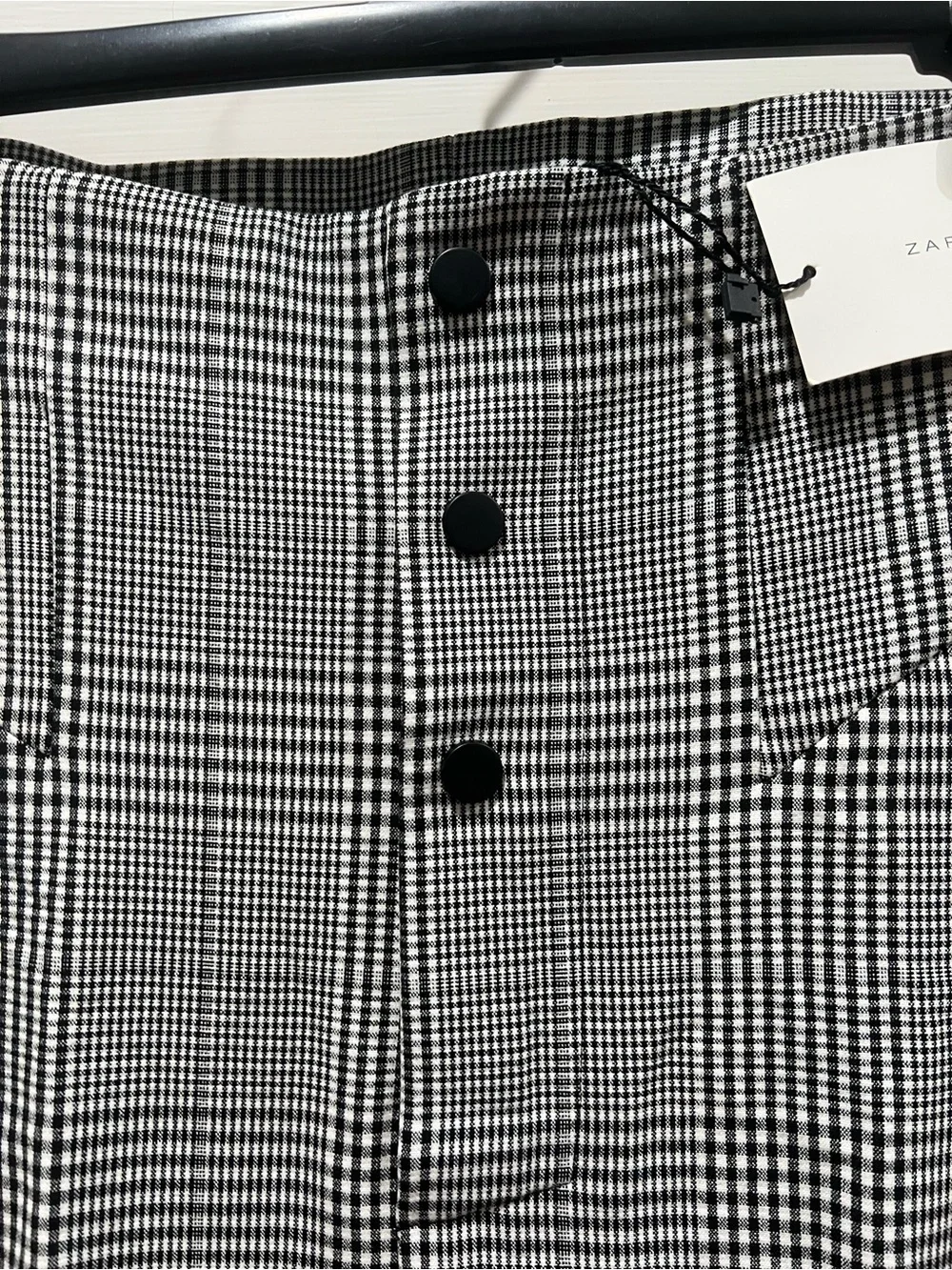 Zara Gray & Black Glen Plaid High-Waist Button Trousers